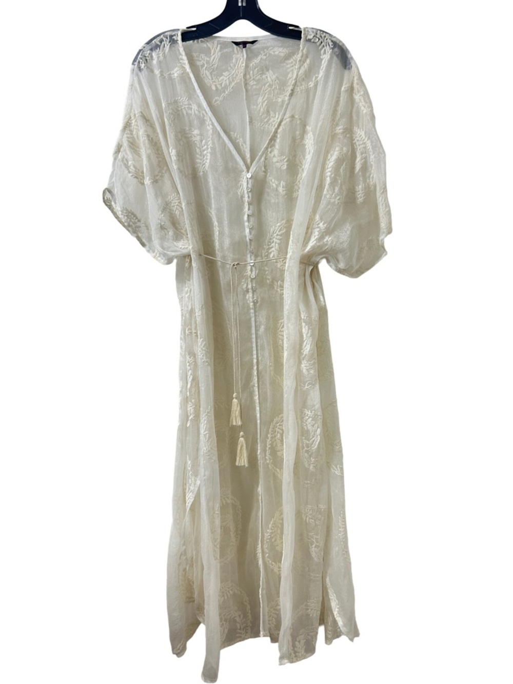 Sheer Cream Embroidered V-Neck Cover Up Kaftan Maxi Dress